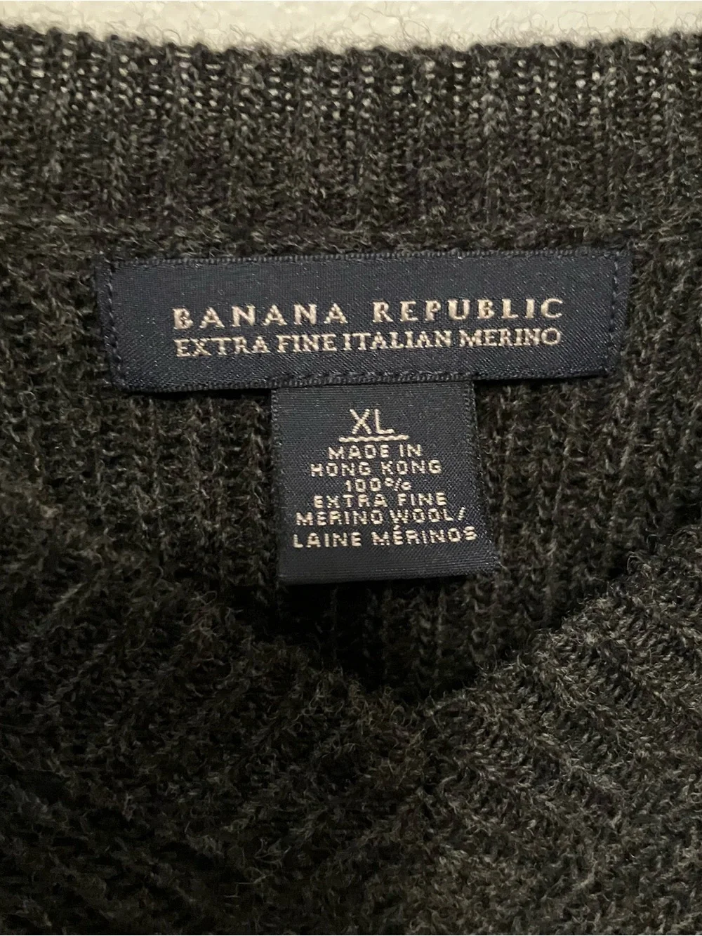 VTG Banana Republic Men’s Wool XL Gray Fisherman Rib Knit V-neck Sweater Y2K